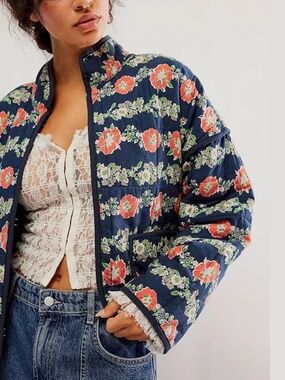 Blue Floral Print Quilted Jacket